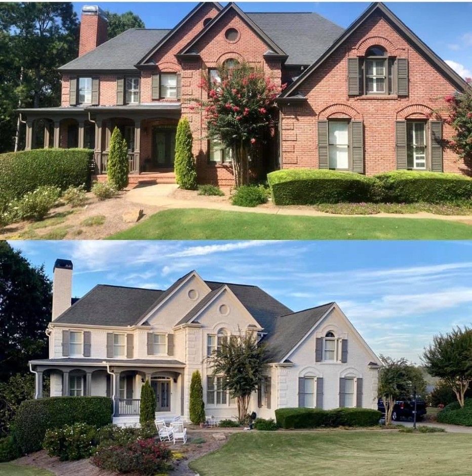 Before and after of a Bradshaw Farms brick home painted white with gray shutters