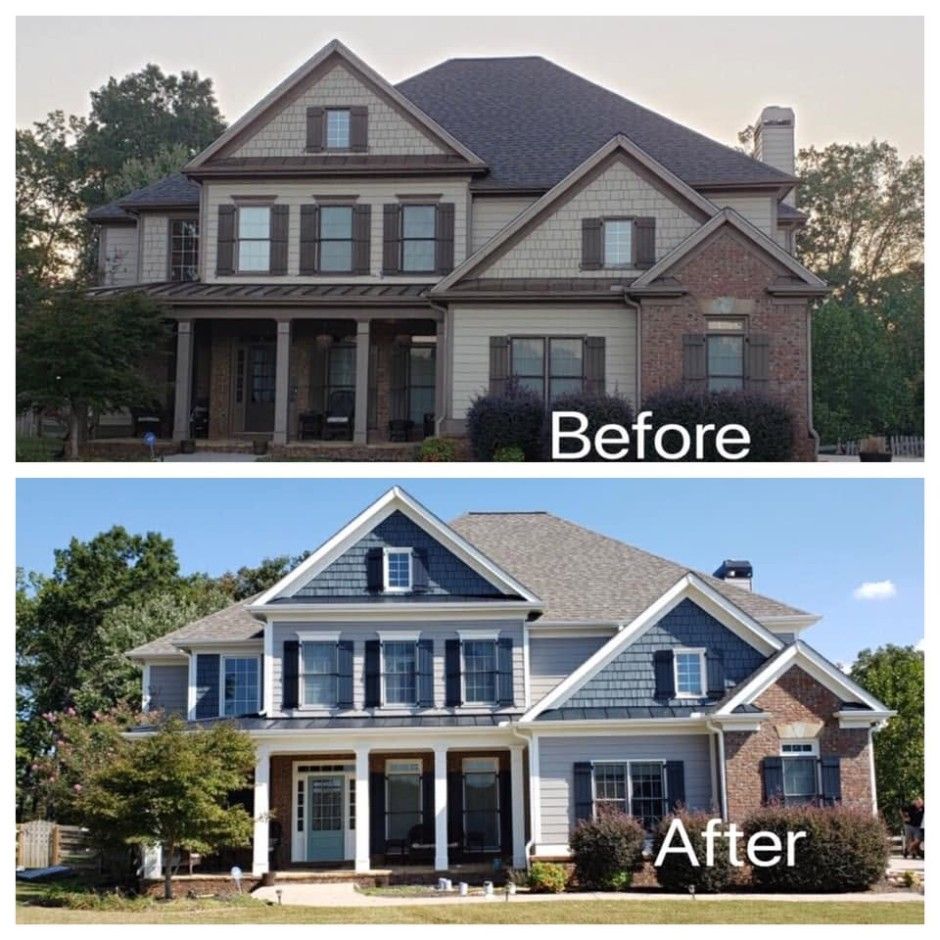 Before and after of a craftsman home repainted blue-gray with white trim