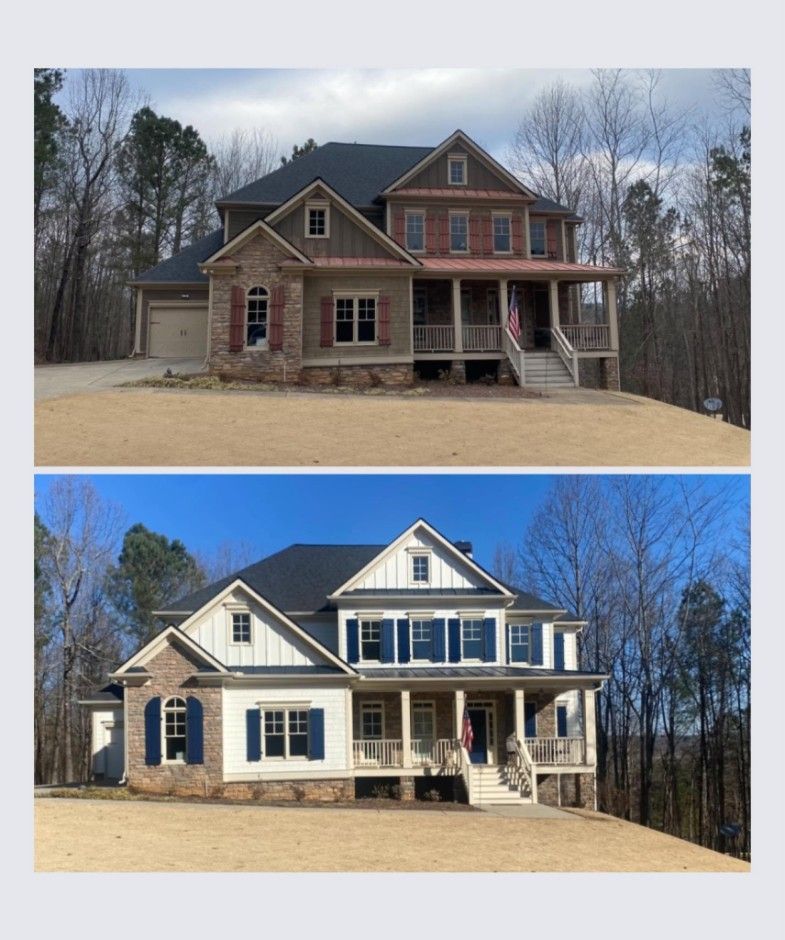 Before and after of a farmhouse-style home repainted white with navy shutters