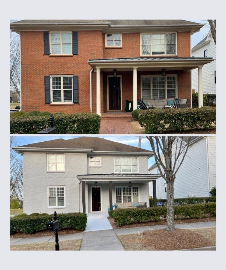 Before and after of a Milton, GA brick home painted gray with new porch columns